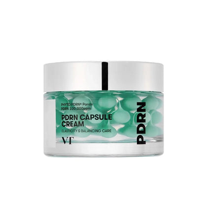 Front view of VT PDRN Capsule Cream jar showing green capsules.